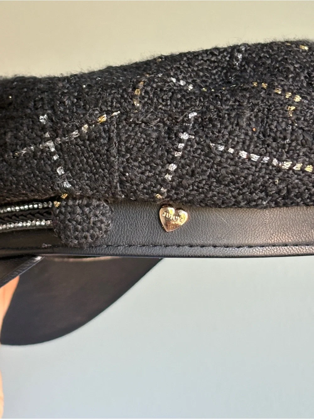 Y2K Juicy Couture Black Tweed Newsboy Cap with Faux Leather Visor